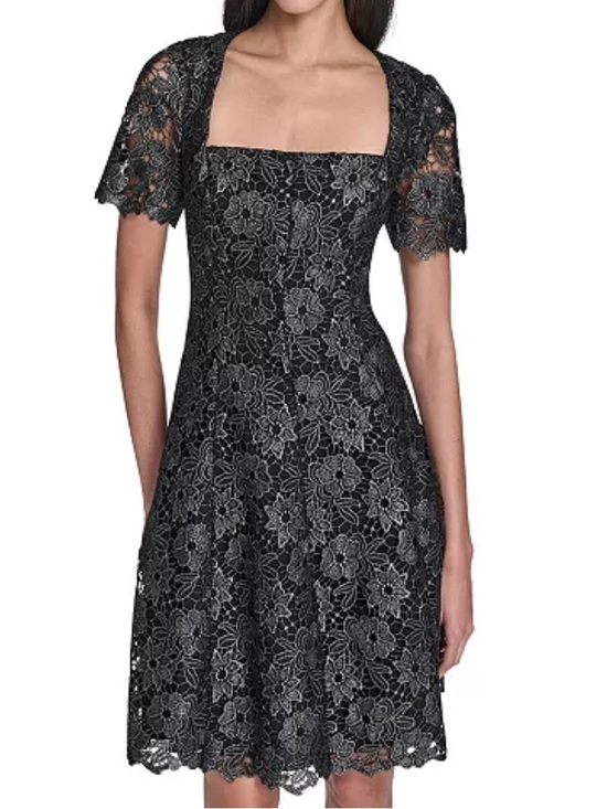 Eliza J Dresses & Skirts - Eliza J Petite Black and Silver Square Neck Lace Fit and Flare Dress Size 10 P